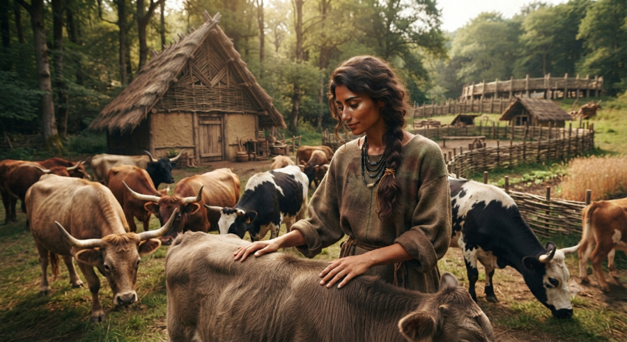 Arantxe tending to longhorn cattle outside the settlement