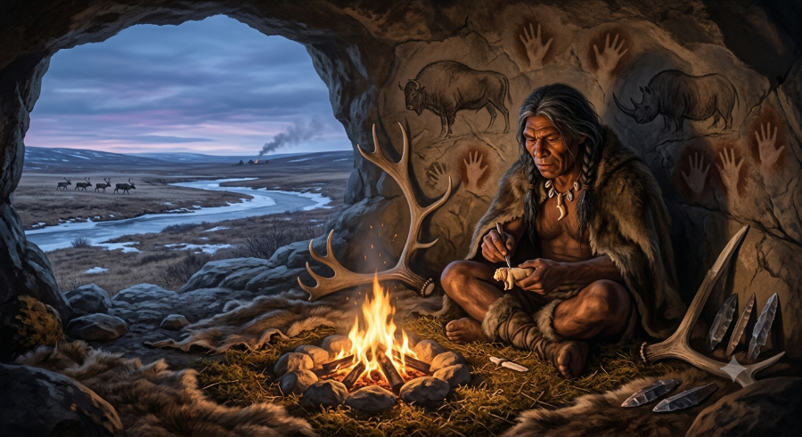 Paava at a hearth with his vulture bone flute