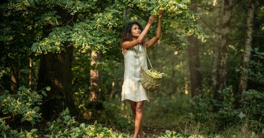 Tashkilla collecting lime tree flowers
